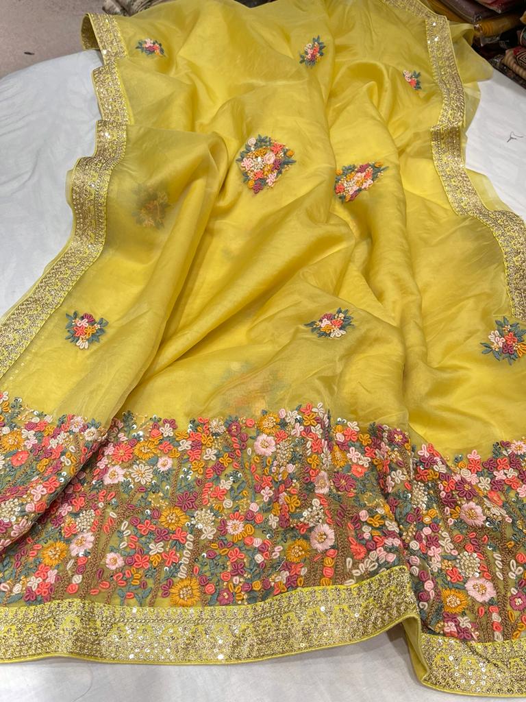 Benzie organza French knot saree - Saffronfashionindia