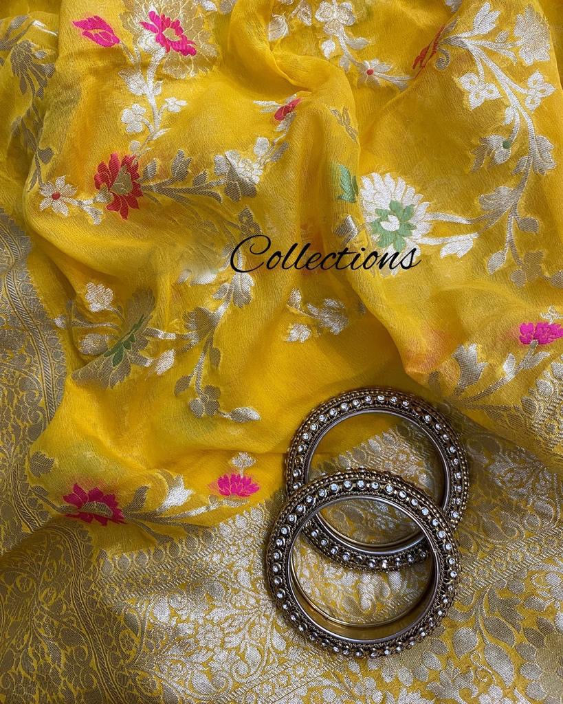 Yellow floral gorgette saree - Saffronfashionindia