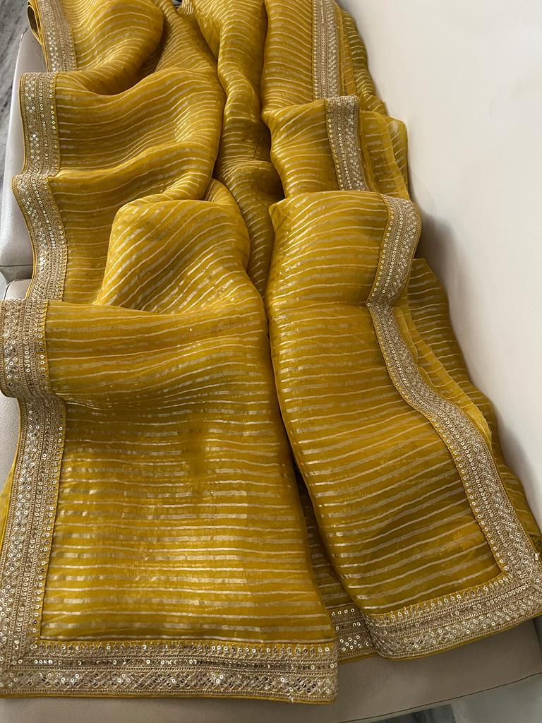 Blosom organza striped saree - Saffronfashionindia