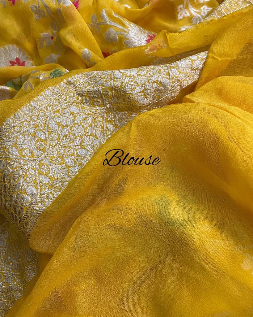 Yellow floral gorgette saree - Saffronfashionindia