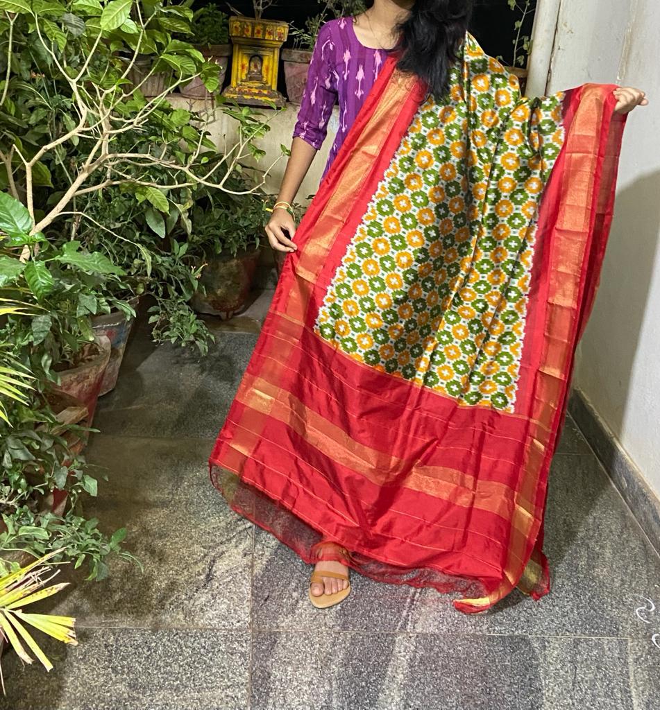 Ikkat Pattu dupatta - Saffronfashionindia
