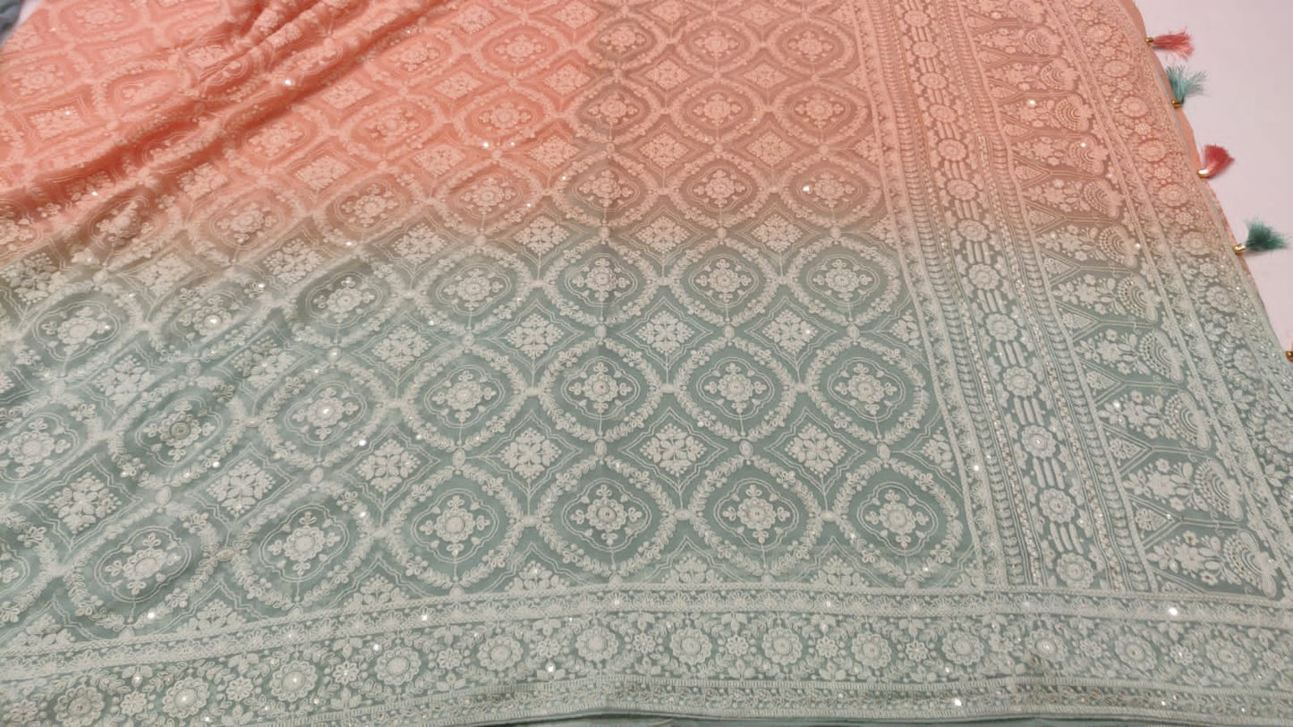 Shaded Chikankari saree/gorgette saree - Saffronfashionindia