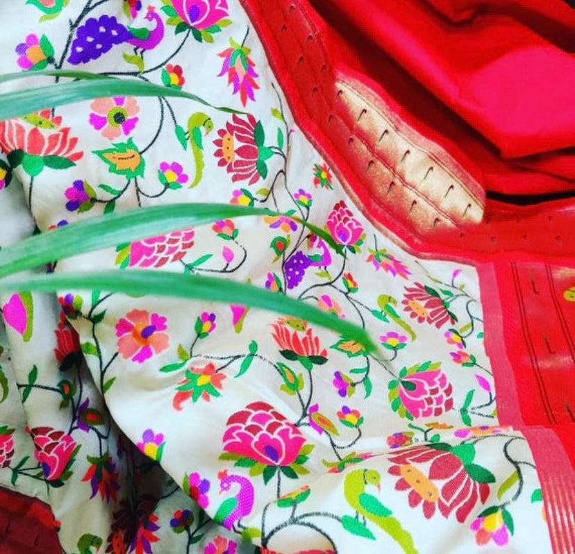 White muniya paithani saree - Saffronfashionindia