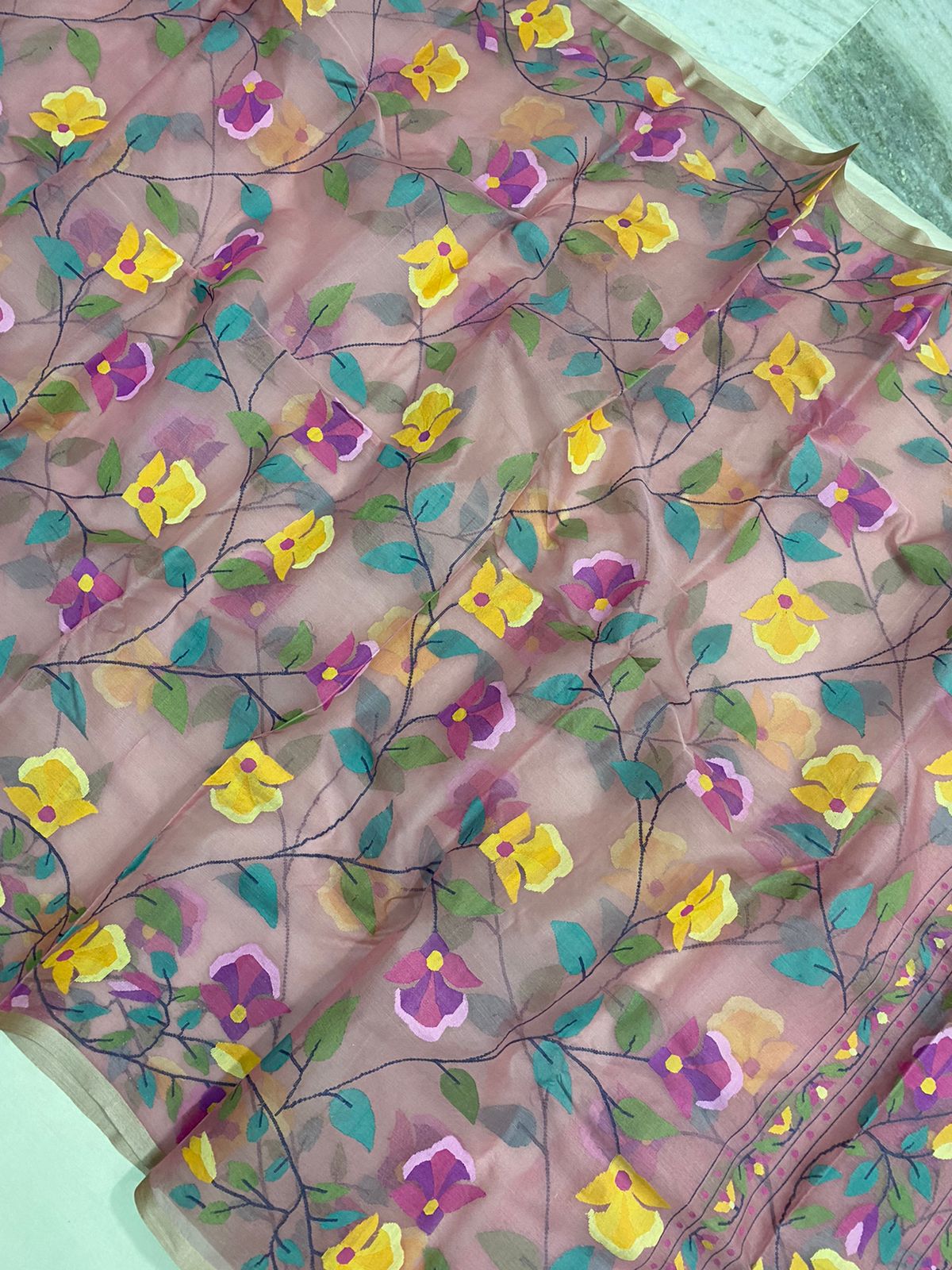 Pink muslin jamdani saree - Saffronfashionindia