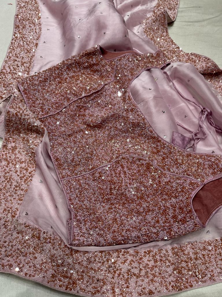 Purple handwork organza sari - Saffronfashionindia