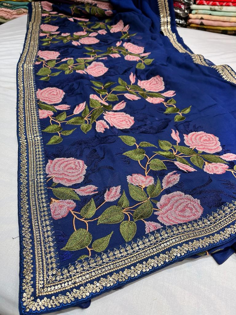 Embroidered floral saree,,,,beautiful sari - Saffronfashionindia