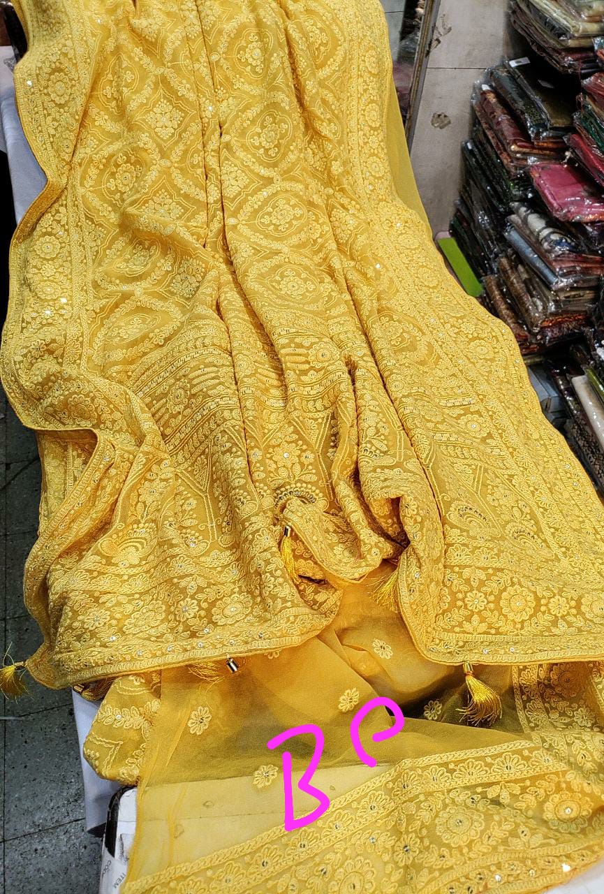 Alma Chikankari gorgette saree - Saffronfashionindia