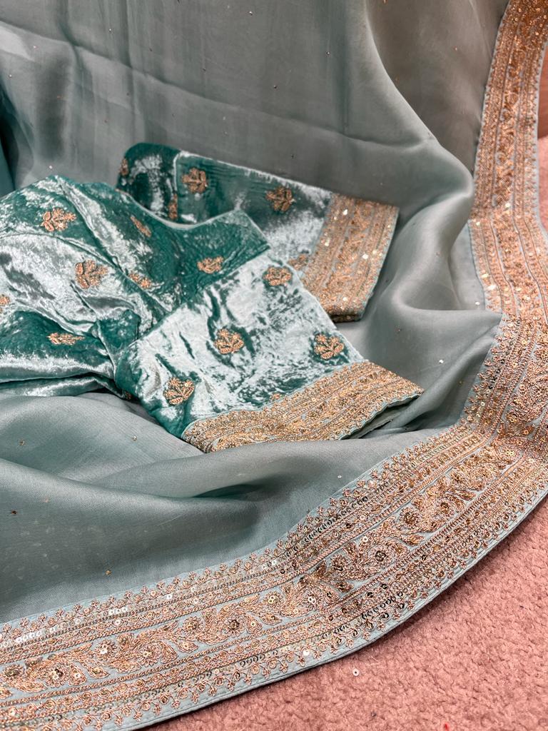 Velvet organza zardosi saree - Saffronfashionindia