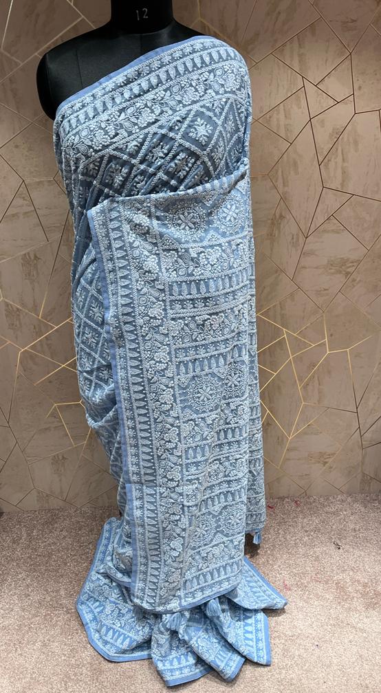 Kinzie Chikankari saree/gorgette saree - Saffronfashionindia