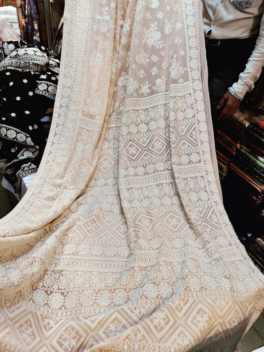 Chikankari gorgette global saree traditional sari Chikankari sari - Saffronfashionindia