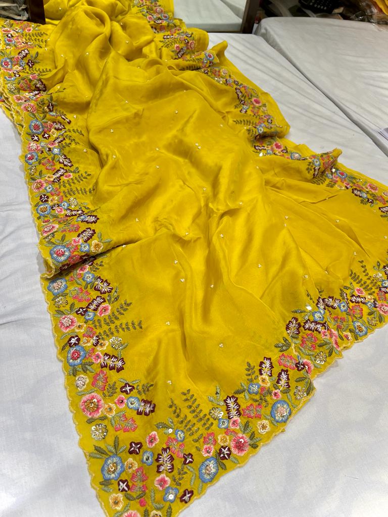 Tulips embroidered saree,,,,,organza saree - Saffronfashionindia