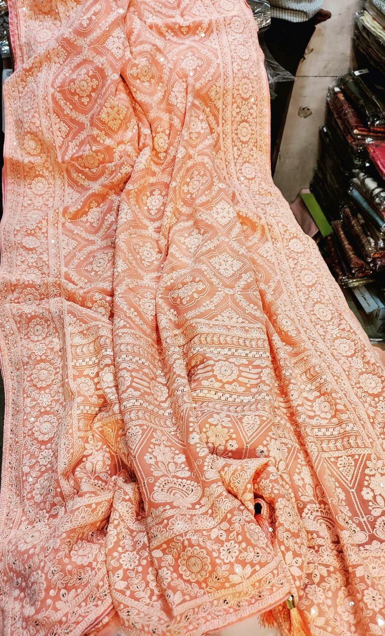 Alma Chikankari gorgette saree - Saffronfashionindia