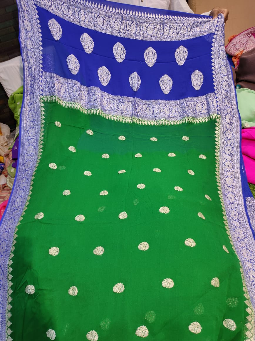 Handcrafted chiffon saree/banarsi saree/sari - Saffronfashionindia