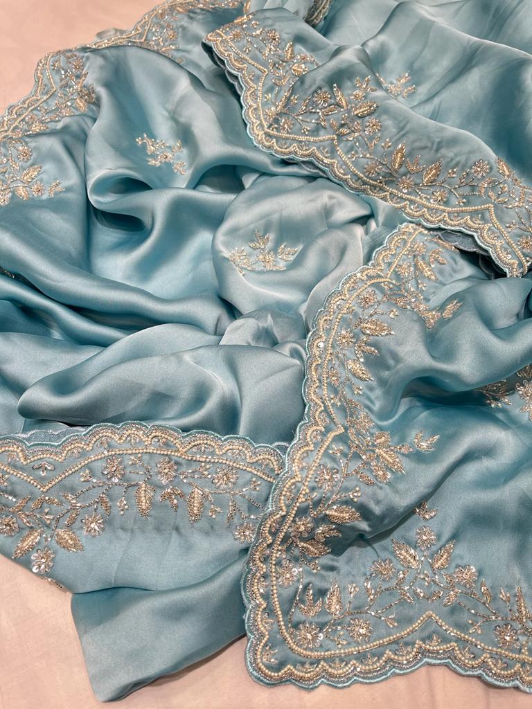 Satin shaded zardosi partywear saree - Saffronfashionindia