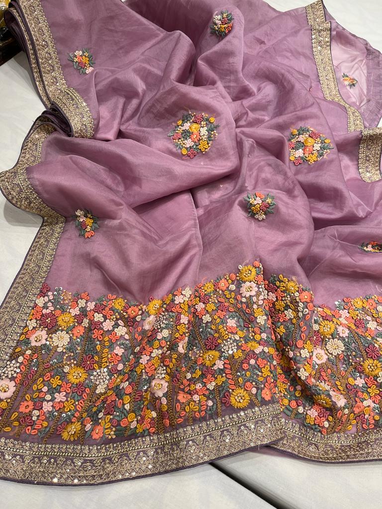 Benzie organza French knot saree - Saffronfashionindia