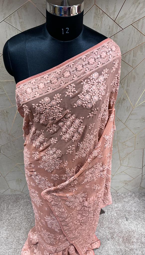 Kinzie Chikankari saree/gorgette saree - Saffronfashionindia