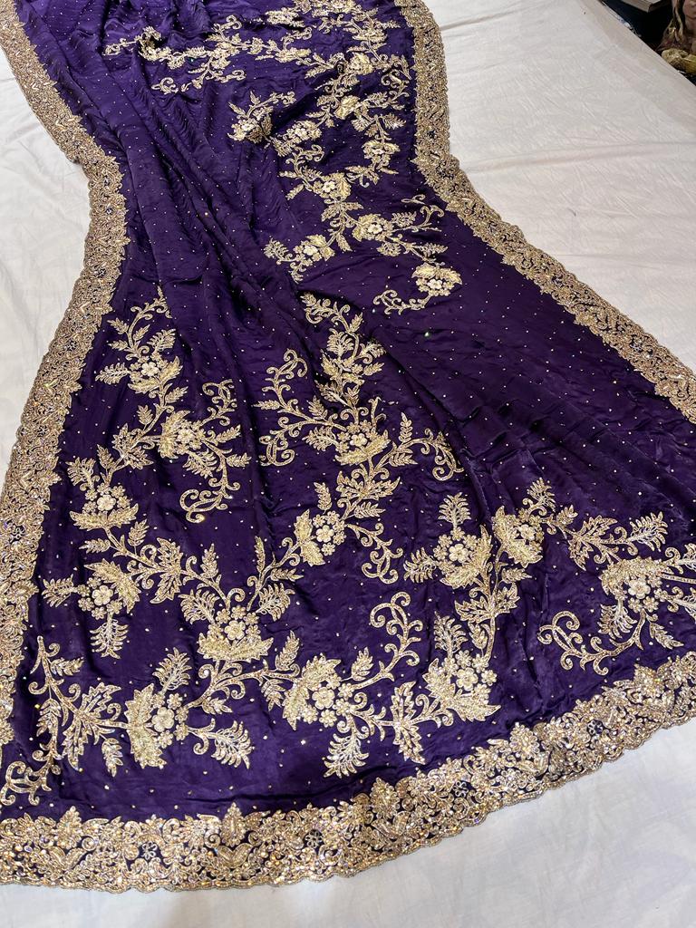 Purple zardosi crepe saree - Saffronfashionindia