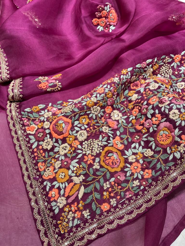 Blossom embroidery saree - Saffronfashionindia