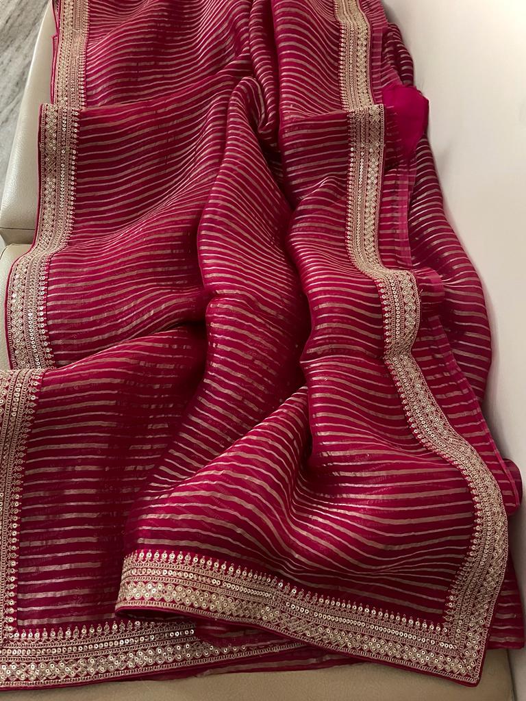 Blosom organza striped saree - Saffronfashionindia