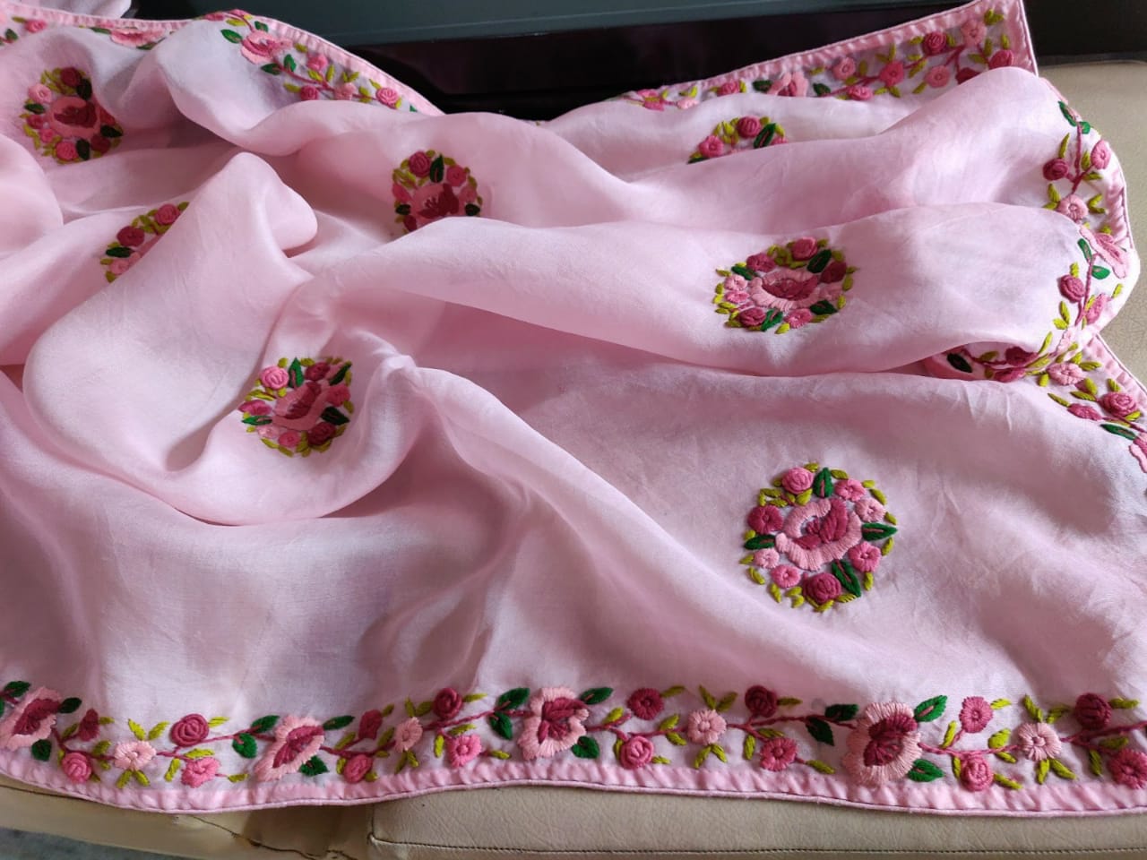 Pink French knot saree - Saffronfashionindia