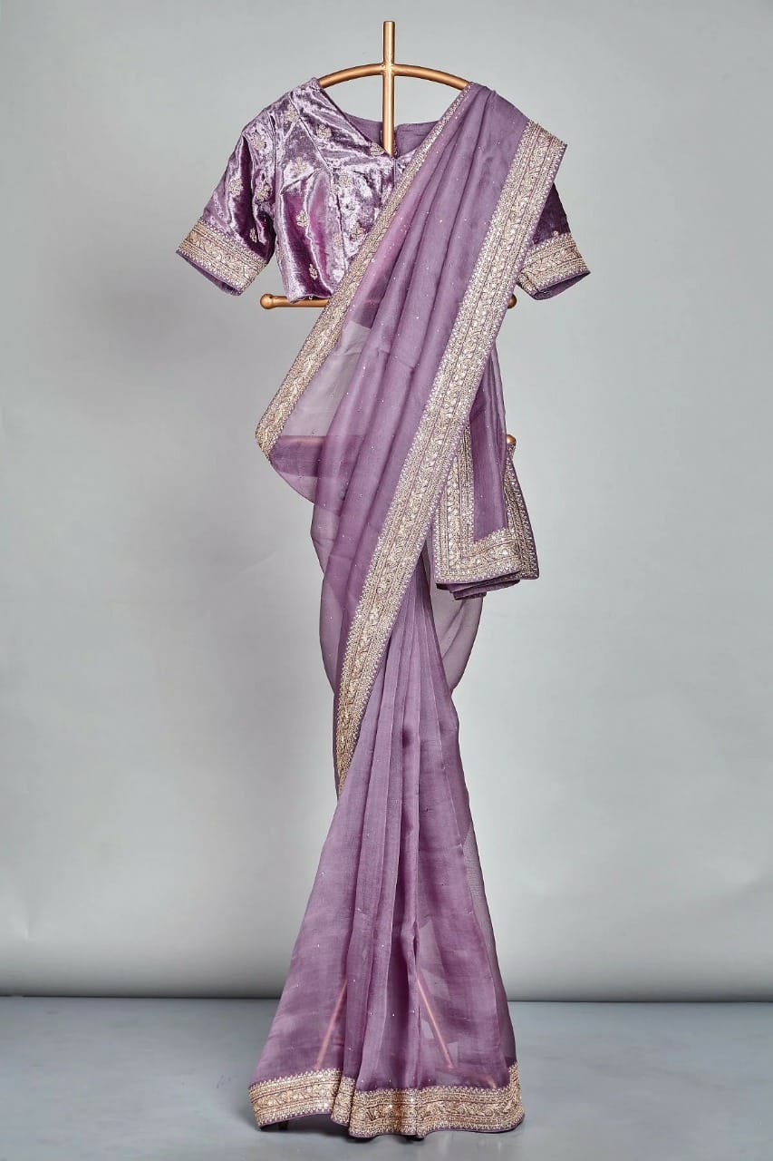 Velvet organza zardosi saree - Saffronfashionindia
