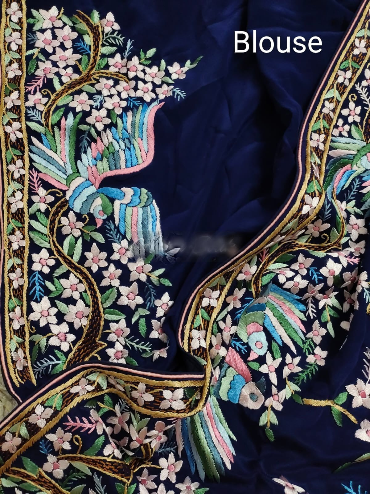 Royal blue Parsi gara crepe saree SaffronFashion