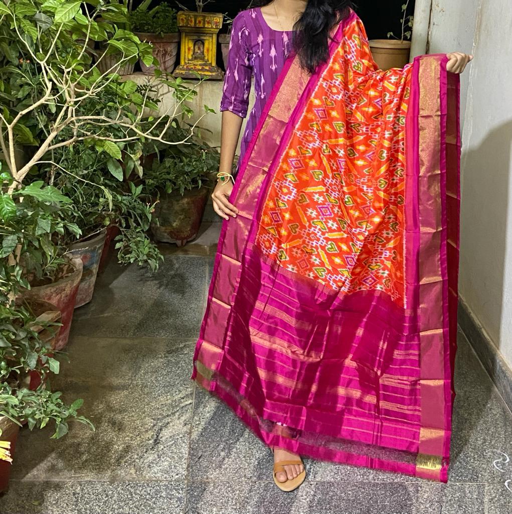 Ikkat Pattu dupatta - Saffronfashionindia