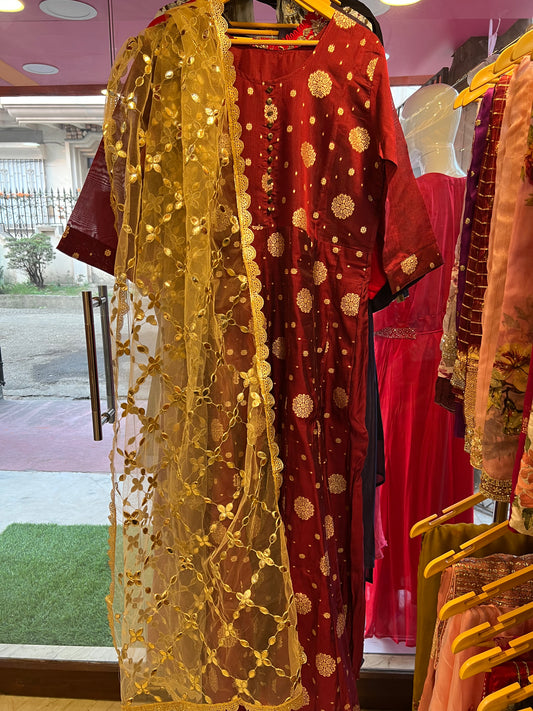 Maroon Chanderi Kurti set - Saffronfashionindia