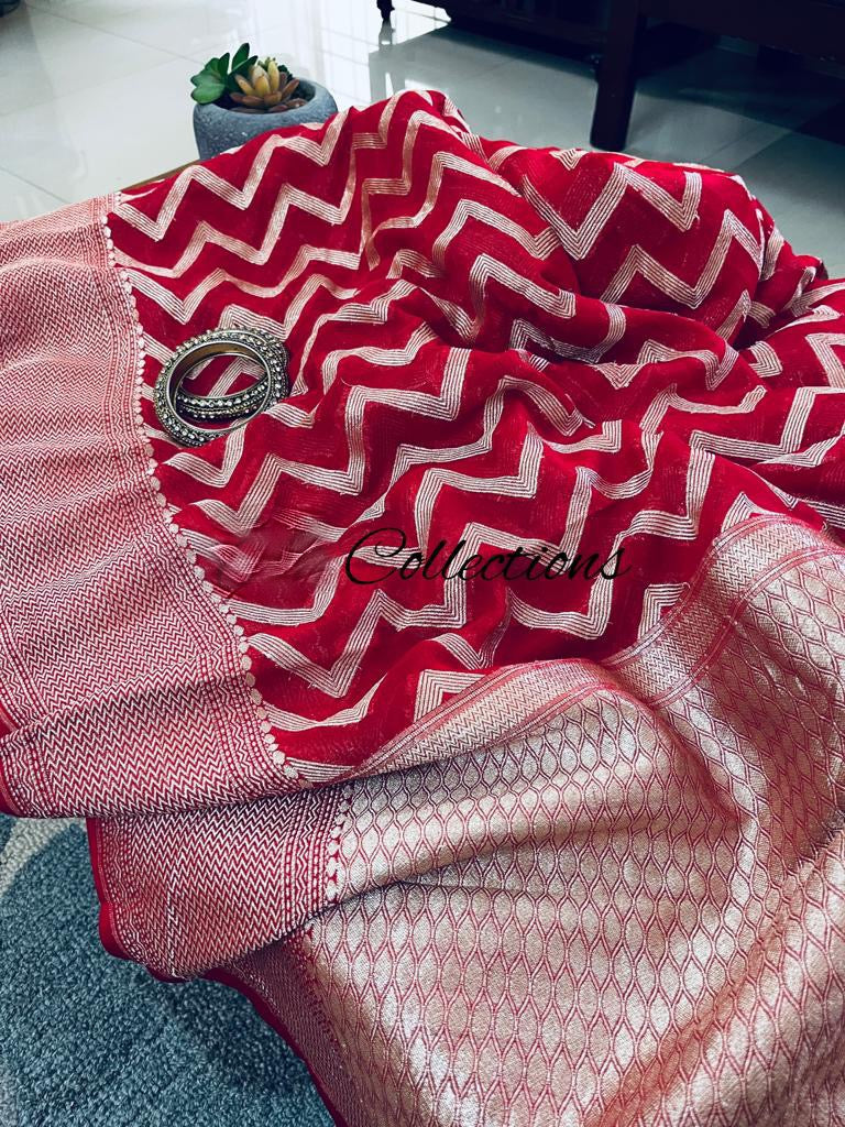 Red Banarsi bridal inspired saree - Saffronfashionindia