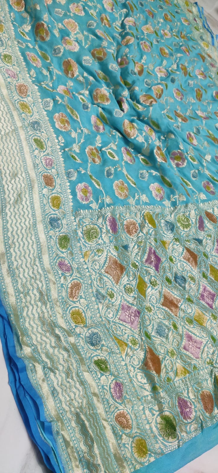 Water zari Meenakari khaddi gorgette saree - Saffronfashionindia
