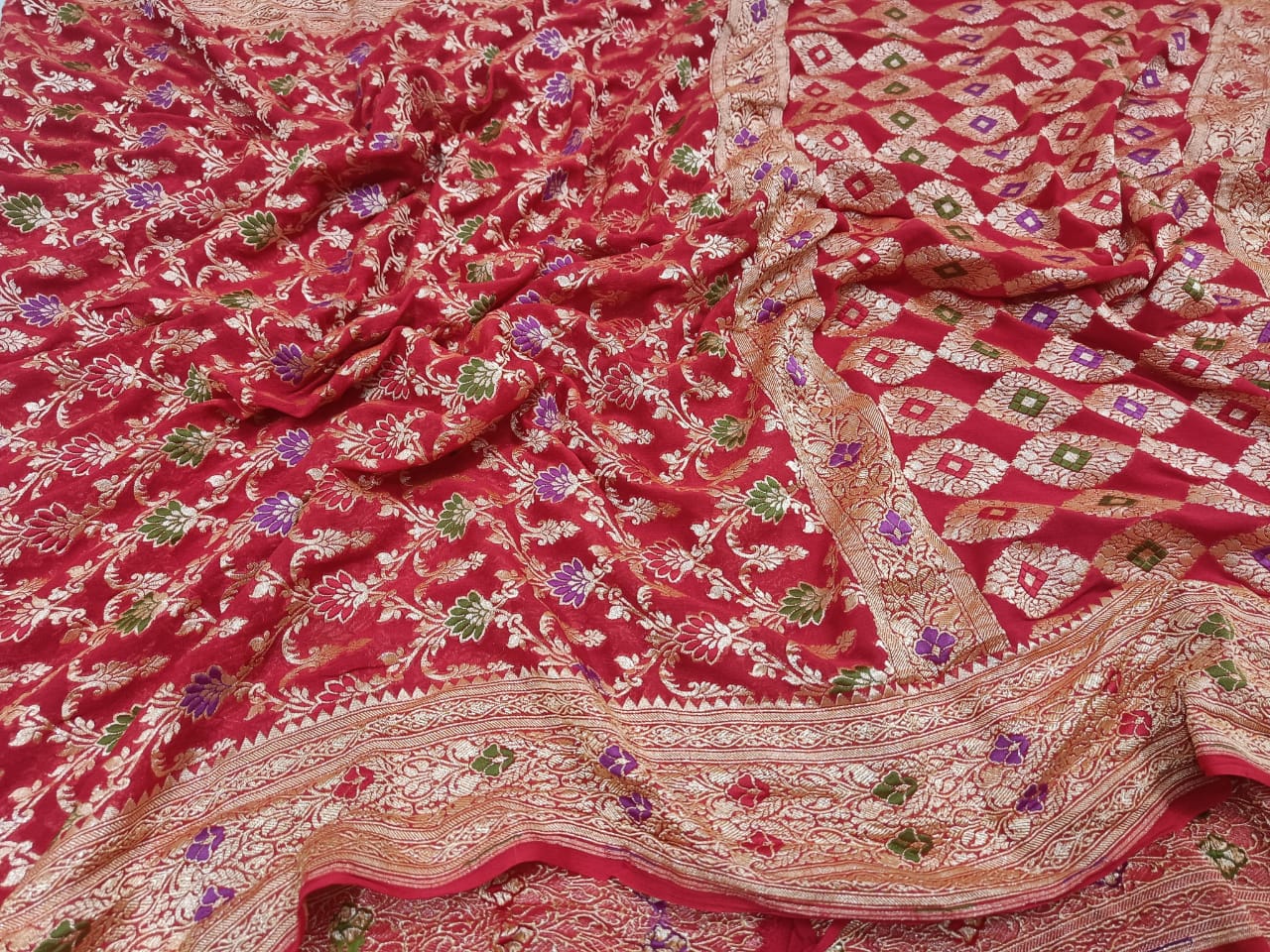 Khaddi banarsi chiffon saree/sari/gorgette saree - Saffronfashionindia