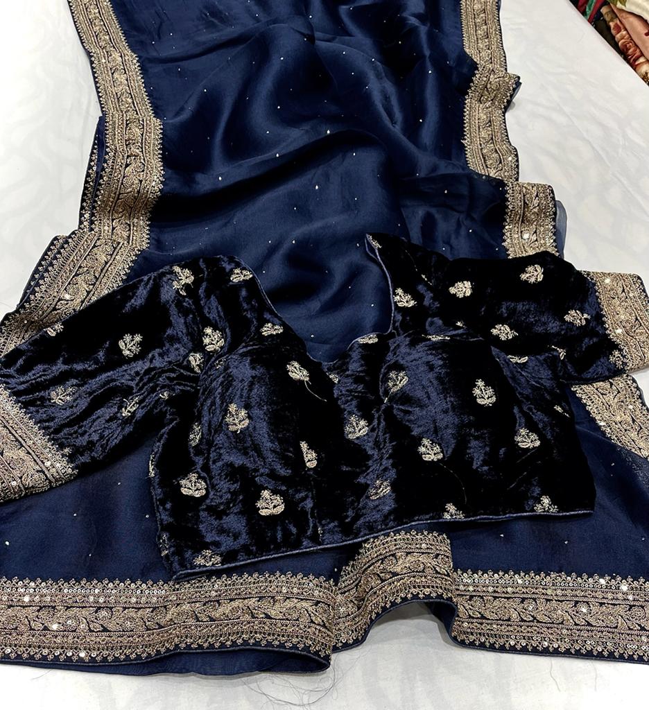Velvet organza zardosi saree - Saffronfashionindia