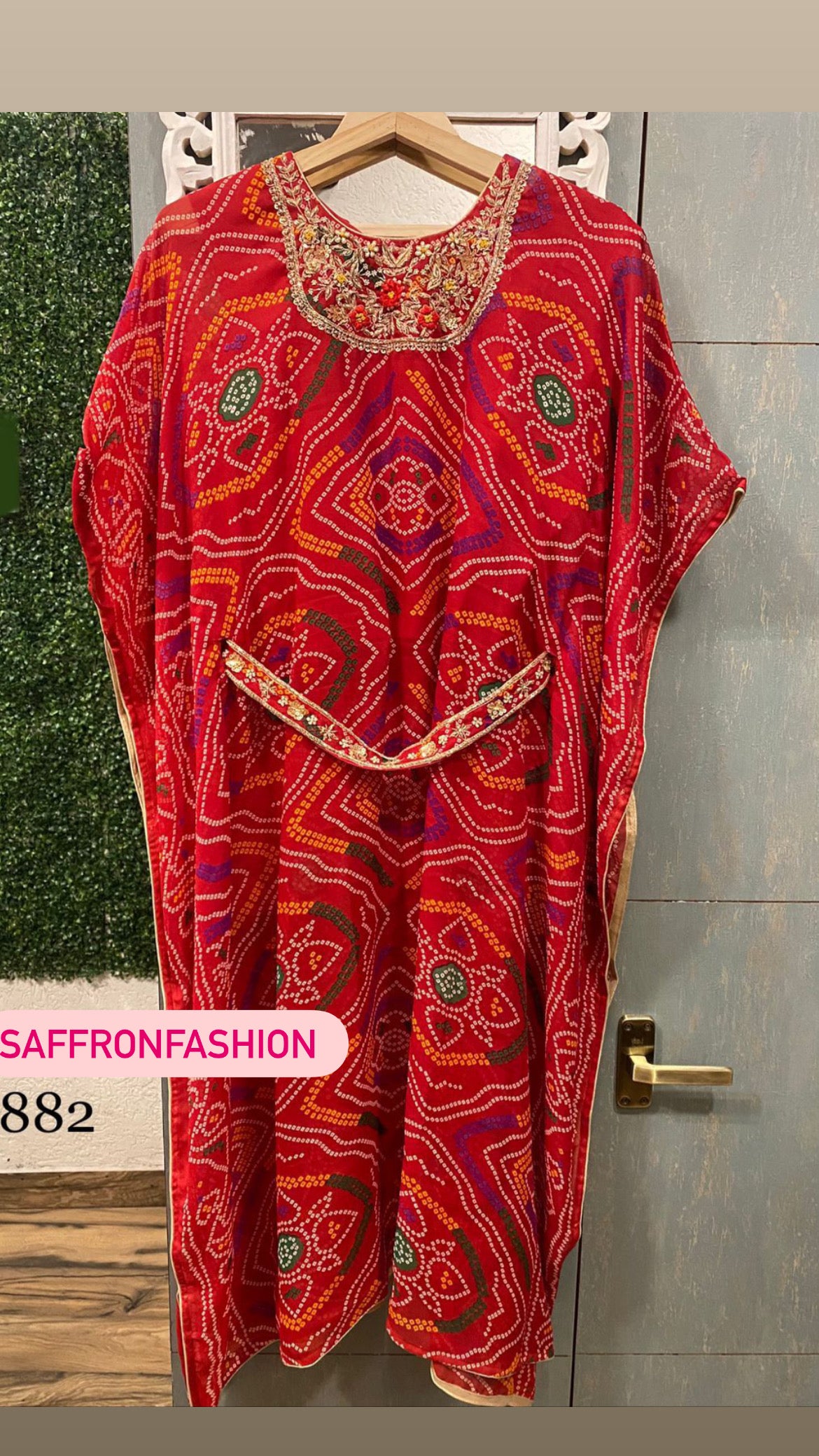 Bandhej red kaftan - Saffronfashionindia