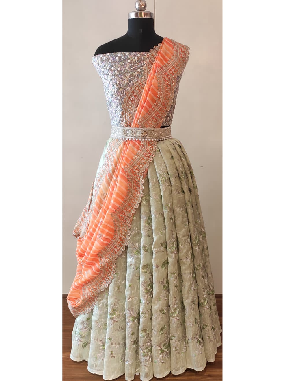 Tissue embroidered legnava choli - Saffronfashionindia