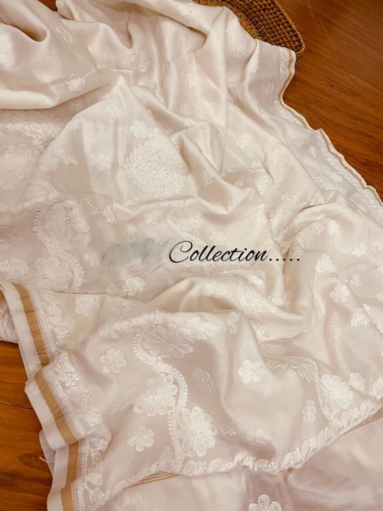 Handwoven Lucknowi Chanderi saree - Saffronfashionindia