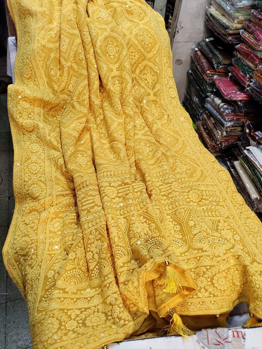 Alma Chikankari gorgette saree - Saffronfashionindia