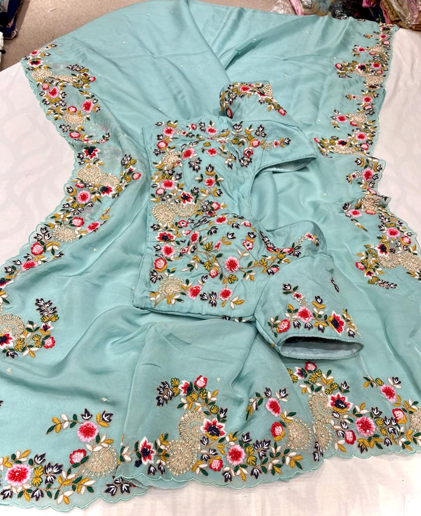 Nishika embroidery organza saree - Saffronfashionindia