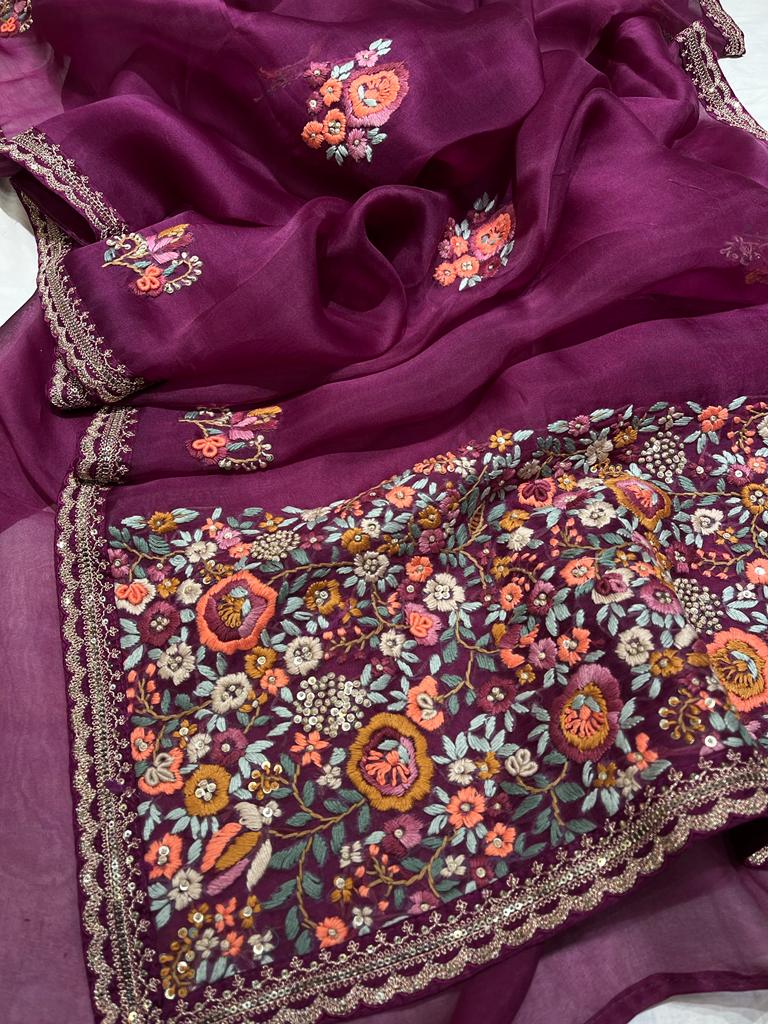 Blossom embroidery saree - Saffronfashionindia