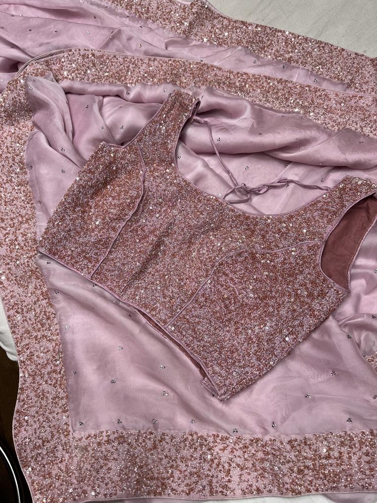 Purple handwork organza sari - Saffronfashionindia