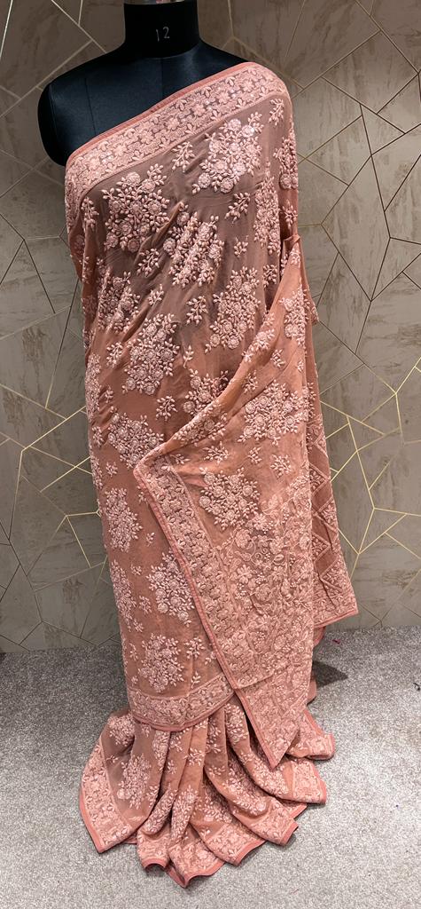 Kinzie Chikankari saree/gorgette saree - Saffronfashionindia