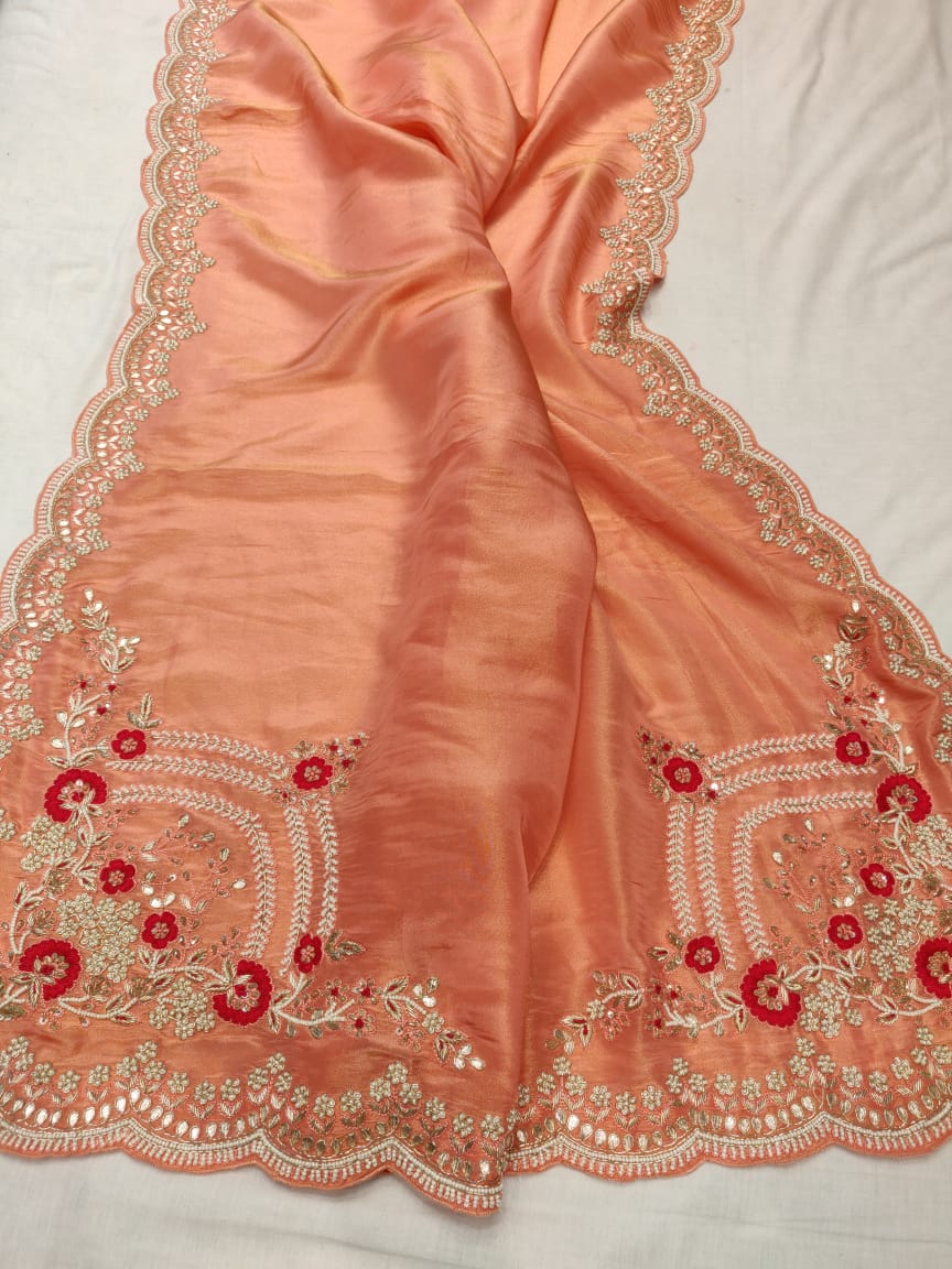 Peachy peach gorgette saree - Saffronfashionindia