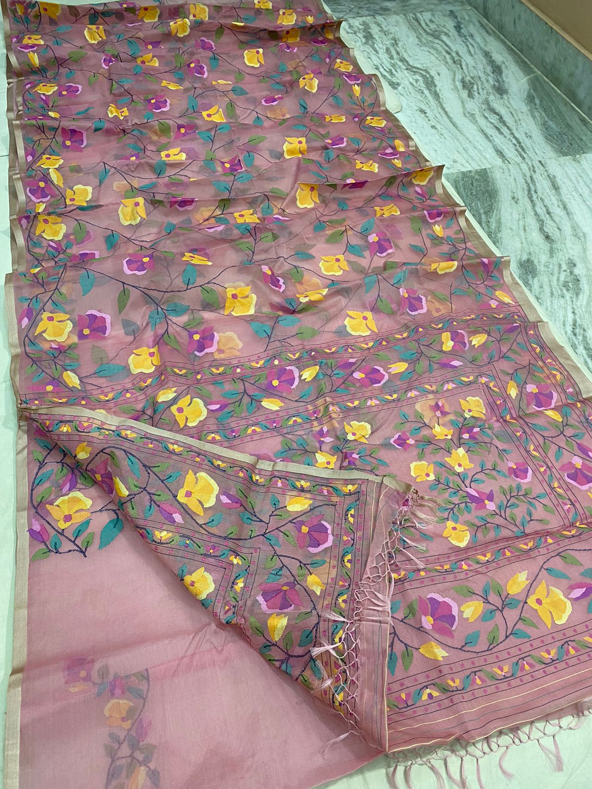 Pink muslin jamdani saree - Saffronfashionindia
