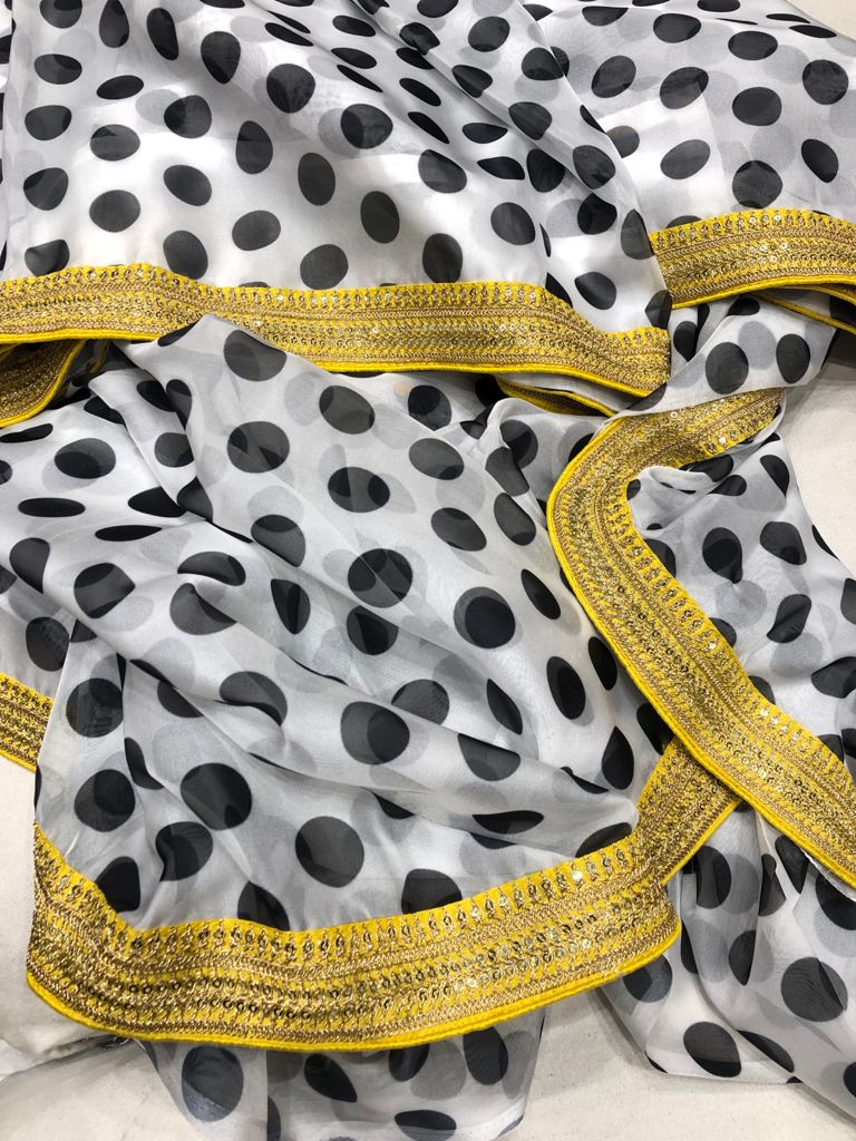 Zardosi bordered polka dot saree - Saffronfashionindia
