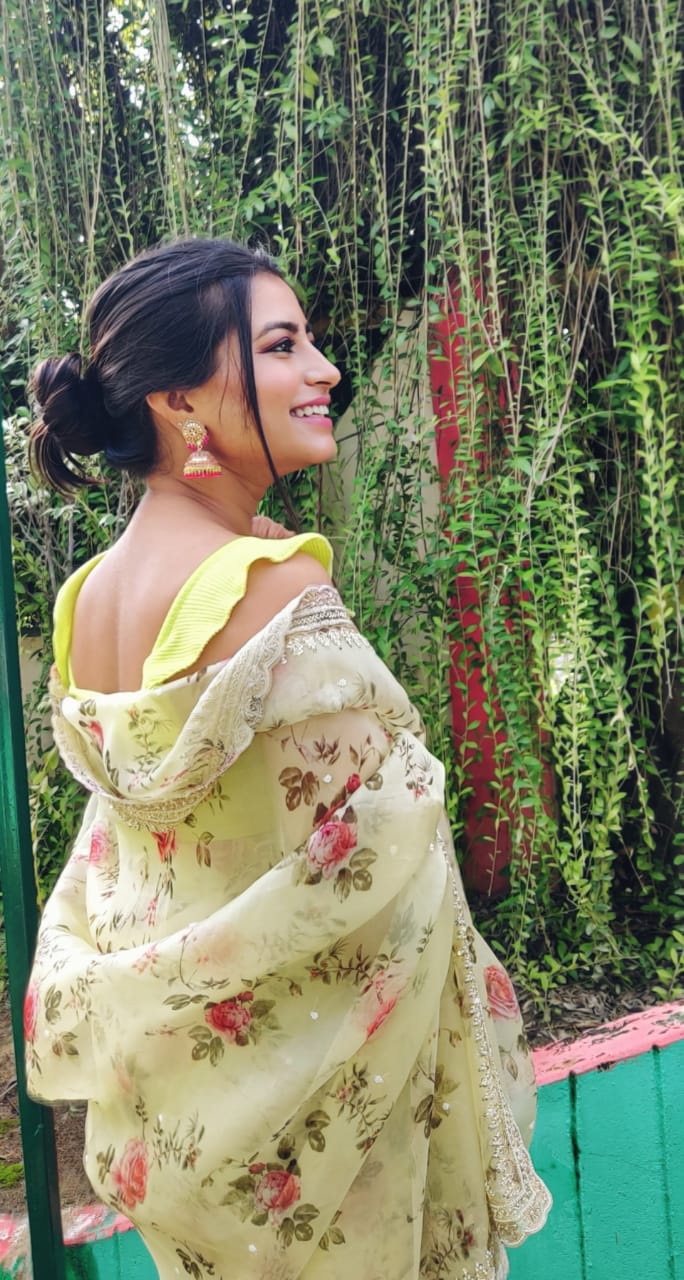 Lime floral organza saree - Saffronfashionindia
