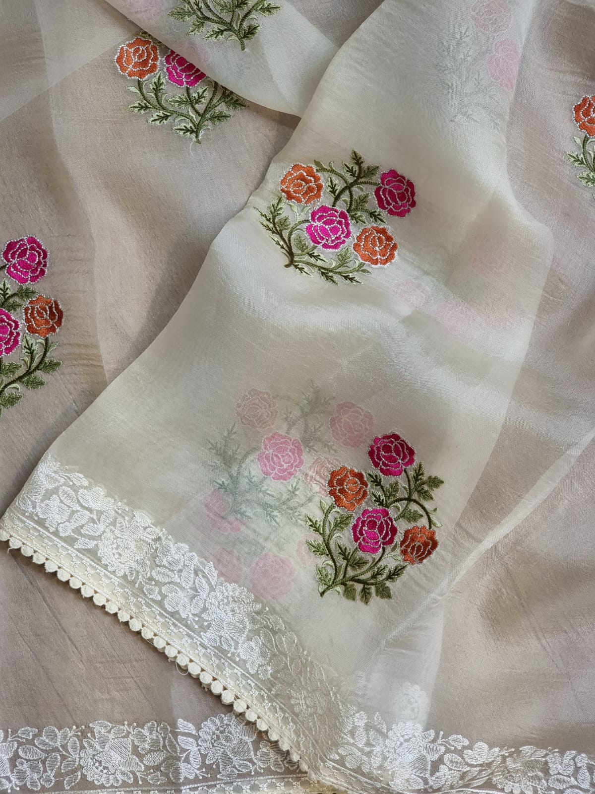Crochet inspired organza embroidery saree - Saffronfashionindia