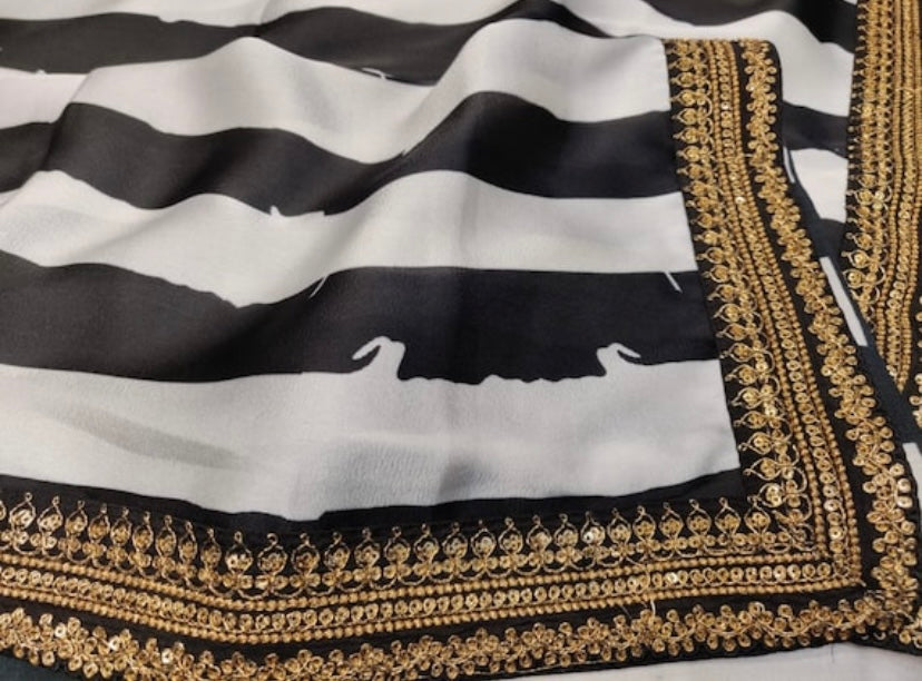 Striped satin saree - Saffronfashionindia