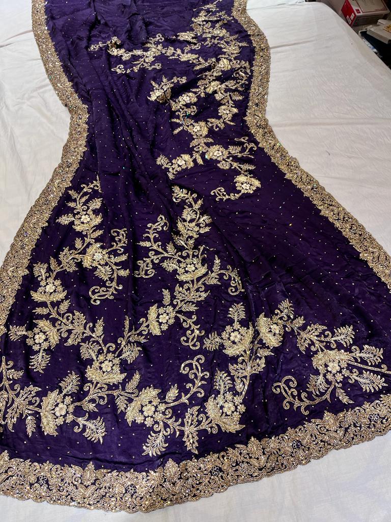 Purple zardosi crepe saree - Saffronfashionindia