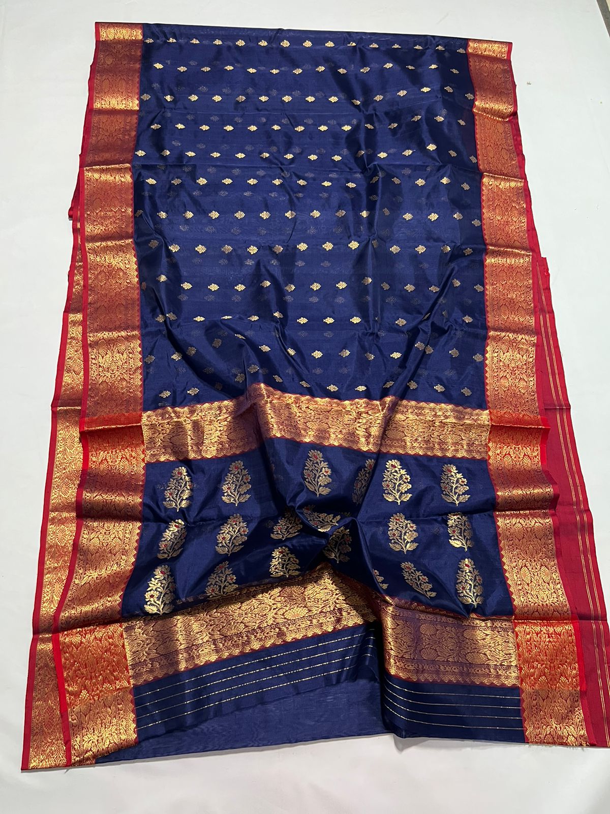 Royal blue Chanderi saree - Saffronfashionindia