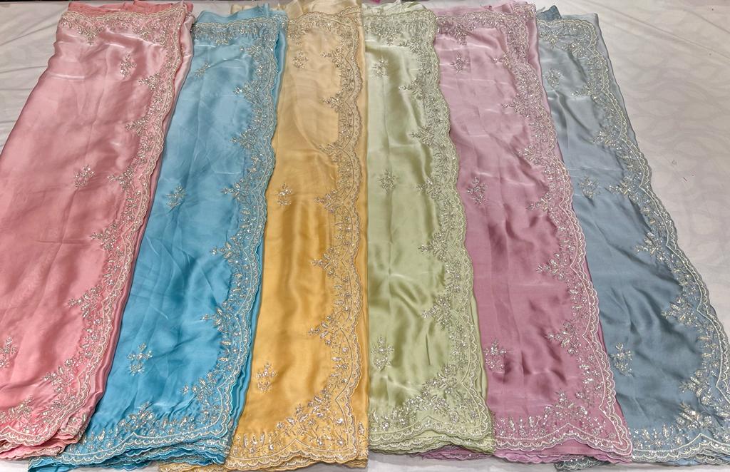 Satin shaded zardosi partywear saree - Saffronfashionindia
