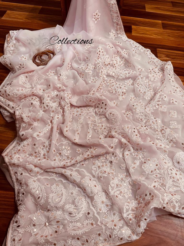 Varnia baby pink Chikankari saree - Saffronfashionindia
